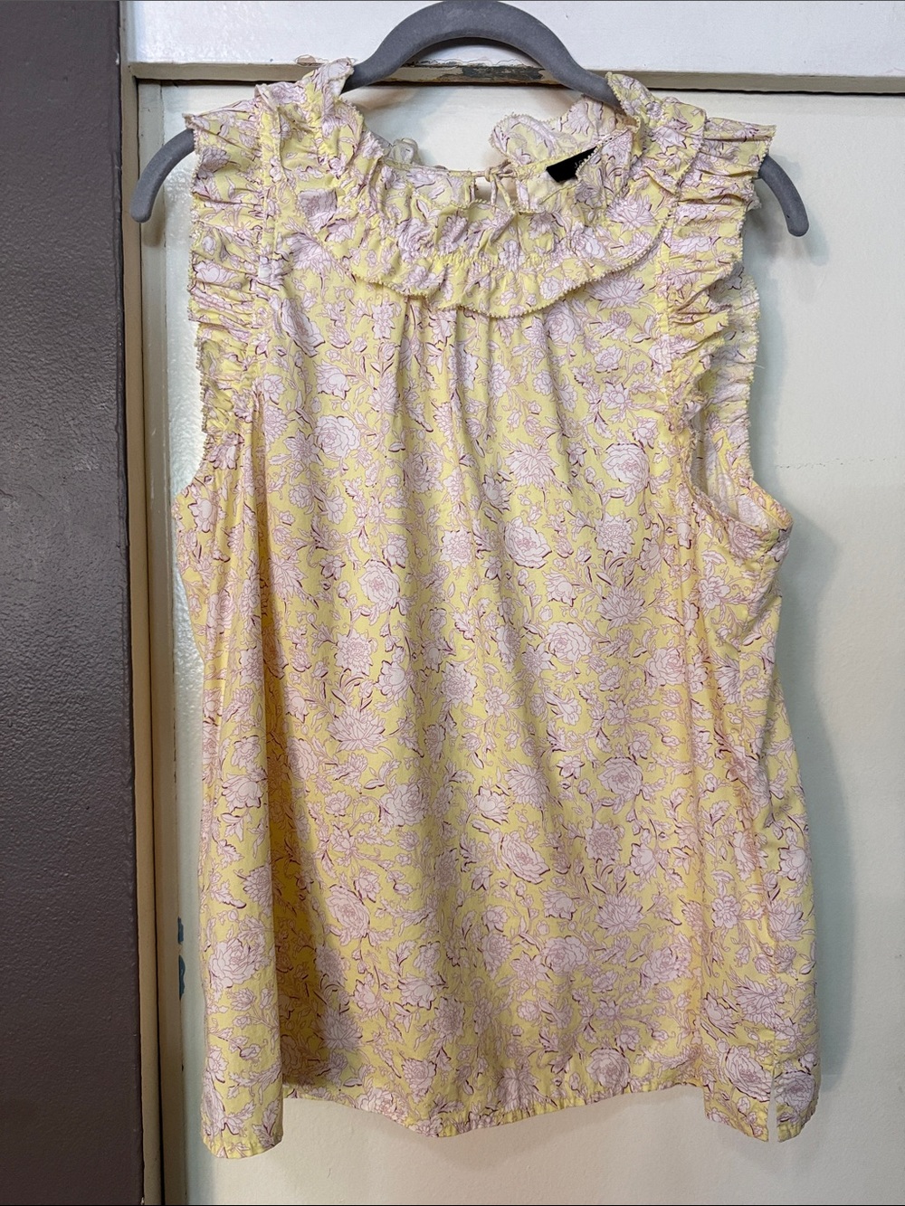 J. Crew Yellow and Pink Floral Ruffle-Neck Sleeveless Blouse